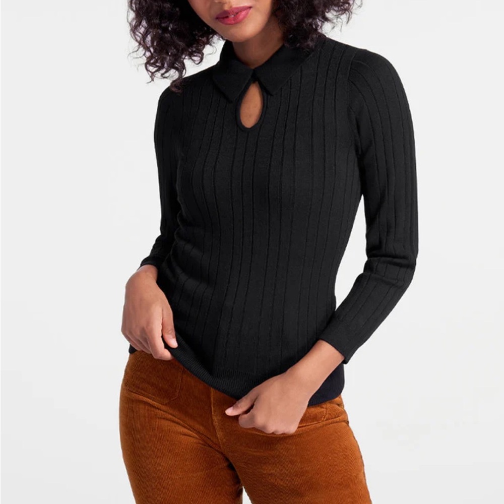 ModCloth One Good Turn Pullover Sweater Size S Black Keyhole Neck 3/4 Sleeve